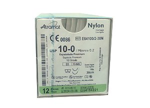 E64100/2-30N | Fio Sutura Nylon 10-0 2 x AG Espátula 1/2 círculo 6 mm - Oftalmologia (equivalente ao Mononylon 7719G)