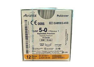 EA855/2-45B | Fio Sutura Poliéster 5-0 2 x AG Espátula 1/4 círculo 8 mm - Oftalmologia (equivalente ao Mersilene 1760G)