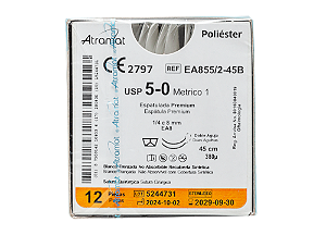 EA855/2-45B | Fio Sutura Poliéster 5-0 2 x AG Espátula 1/4 círculo 8 mm - Oftalmologia (equivalente ao Mersilene 1760G)