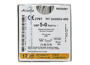 EA855/2-45B | Fio Sutura Poliéster 5-0 2 x AG Espátula 1/4 círculo 8 mm - Oftalmologia (equivalente ao Mersilene 1760G)