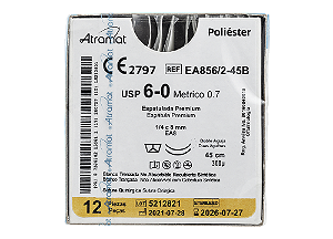 EA856/2-45B | Fio Sutura Poliéster 6-0 2 x AG Espátula 1/4 círculo 8 mm - Oftalmologia (equivalente ao Mersilene 1722G)