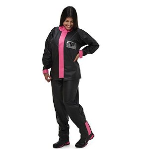 Capa De Chuva Feminino Pantaneiro PVC Com Gola Preto E Rosa Pink M