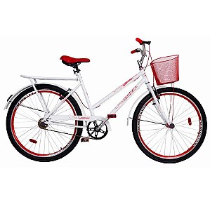 Bicicleta Cairu Aro 26 Genova Com Bagageiro E Cesta Branco e Vermelho