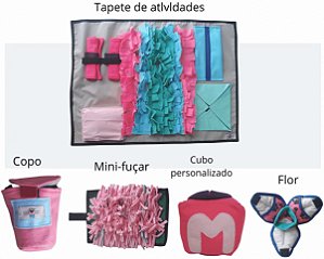 Kit 3 -Rosa - tapete de fuçar fucinho curto / 4 brinquedos interativos (1 cubo personalizado -1 mini fuçar - 1 copo spock  - 1 flor)