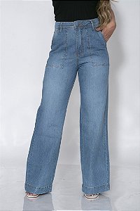 Calça Jeans Feminina Wide Leg Costuras Frontais Bolso Faca REF 09130 dardak