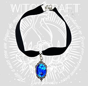 CHOCKER EM VELUDO COM CAMAFEU 18X25MM PEDRA AZUL