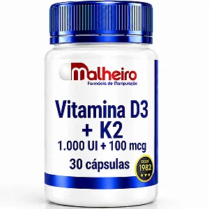 Vitamina D3 1.000 UI + Vitamina K2MK7 100 mcg 30 cápsulas – Suporte Diário à Saúde Óssea