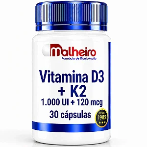 Vitamina D3 1.000 UI + Vitamina K2MK7 120 mcg 30 cápsulas - Farmácia Malheiro