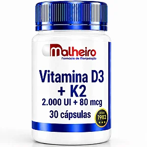 Vitamina D3 2.000 UI + Vitamina K2MK7 80 mcg 30 cápsulas - Saúde Óssea