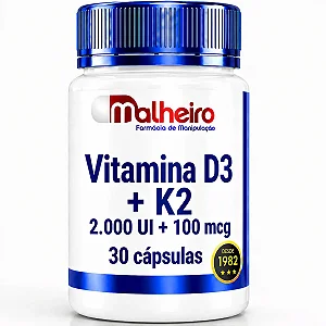 Vitamina D3 2.000 UI + Vitamina K2MK7 100 mcg 30 cápsulas – Equilíbrio Ósseo e Imunológico