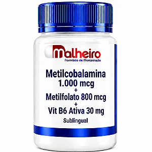 Metilcobalamina 1000 mcg + Metilfolato 800 mcg + Vitamina B6 Ativa (P5P) 30 mg Sublingual – Complexo B Funcional