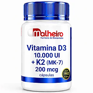 Vitamina D3 10.000 UI + K2 MK7 200MCG - Alta Concentração - Saúde óssea e imunidade