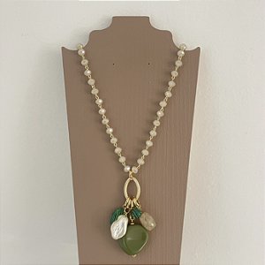 Colar Penca Cristais - off com pingentes verde
