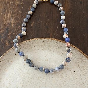 Colar Pedras Naturais Ibiza - G - Azul Com Branco