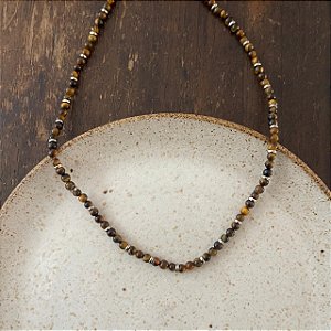 Colar Pedras Naturais Ibiza - P - Curto - Olho de Tigre - Ródio