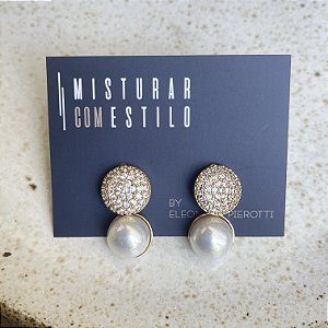 Brinco Pérola com Pavê de Zircônia - Dourado