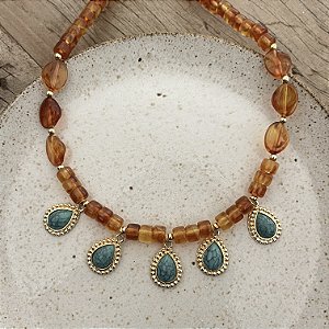 Colar Boho com Gotas - Âmbar e Turquesa