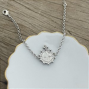 Pulseira Medalha São Bento com Esferas - Ródio