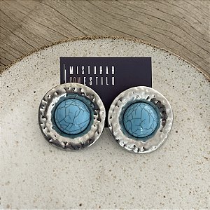 Brinco Boho Disco Turquesa - Ródio