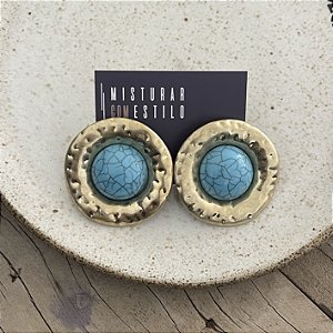 Brinco Boho Disco Turquesa - Ouro Velho