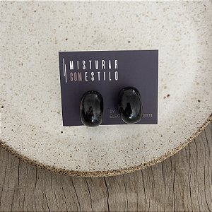 Brinco Meia Argola Puff - Preto-Semi - Ródio