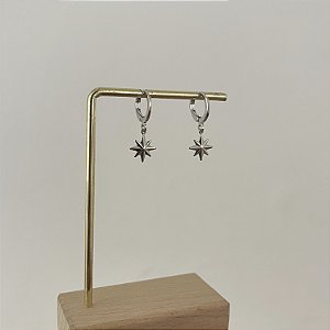 Argola Betina Estrela de Oito Pontas - Canelado - Ródio
