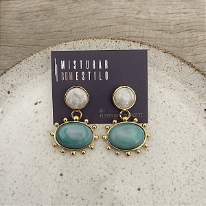 Brinco Aurora Redondo e Oval - Mescla Madrepérola e Esmeralda