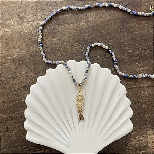Colar Murano Peixe - Azul com Branco - Longo