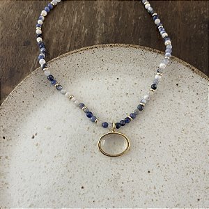 Colar Pedras Naturais Com Pingente Oval - Dourado - Azul