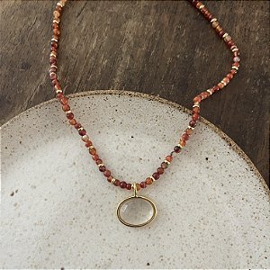 Colar Pedras Naturais Com Pingente Oval - Dourado - Laranja