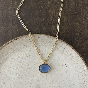 Colar Corrente Retangular Com Pingente Oval - Azul