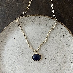 Colar Corrente Retangular Com Pingente Oval - Azul