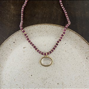 Colar Pedras Naturais Com Pingente Oval - Lilás Degradê / Transparente