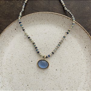 Colar Pedras Naturais Com Pingente Oval - Azul Degradé/Azul