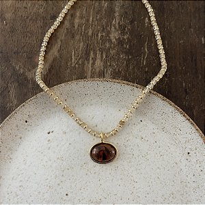 Colar Pedras Naturais Com Pingente Oval - Rutilado/Tartaruga