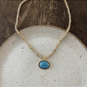 Colar Pedras Naturais Com Pingente Oval - Rutilado/Turquesa