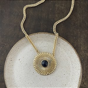 Colar Lumière Medalhão Sol - Azul Petróleo