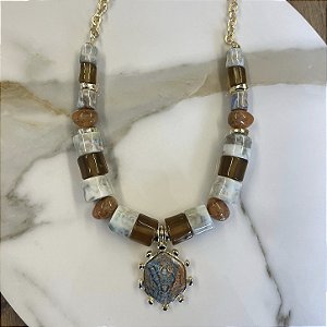 Colar Boho Medalha - Turquesa com Tartaruga