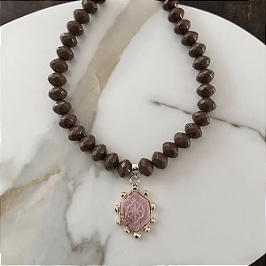 Colar Boho Disco Medalhão - Café com Rosa