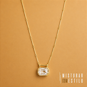Colar Cristal Retangular Longo - Dourado