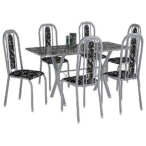 CONJ. MESA FABONE ATHENAS 1.50 C/ 6 CAD. GRANADA 7924 Branco Prata/PTO Floral