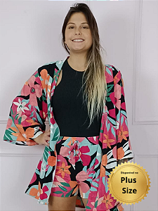 Casaco Kimono Slim e Plus Size Floral