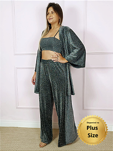 Conjunto Feminino Calça Top Cropped e Kimono Lurex Shine Slim e Plus Size
