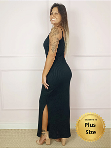 Vestido Longo Canelado Alcinha Slim e Plus Size com Fenda