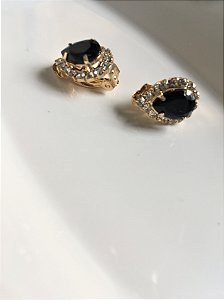 Brinco de Pressão com Pedra Preta e strass - Folheado a ouro 18k