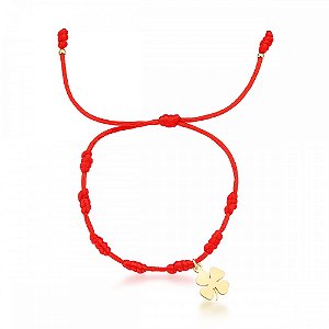 Pulseira Vermelha 7 Nós Trevo Fio de Seda Banho de Ouro 18k.