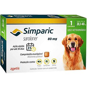 Zoetis Antipulgas Simparic 80 mg para Cães 20,1 a 40 Kg / 1 COMPRIMIDO