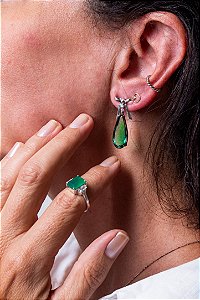 Brinco Prata Gota Verde Lacinho