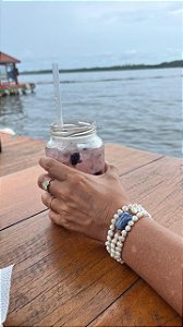 Pulseira Pérolas Água doce e pedra Azul com fecho prata