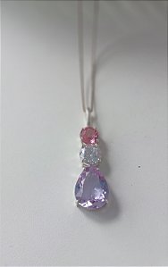 Colar 3 Cristais: Rosa, Transparente e gota Lilás em prata